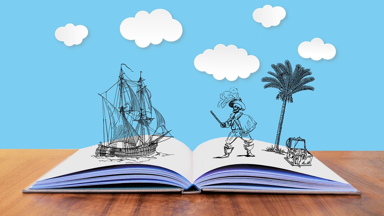 Dessin d'un livre ouvert avec un personnage qui en sort, face à un bateau